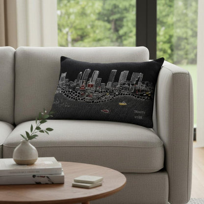 14" X 24" Black And White Lumbar Fort Worth Hometown Pride Wool Throw Pillow with Embroidery