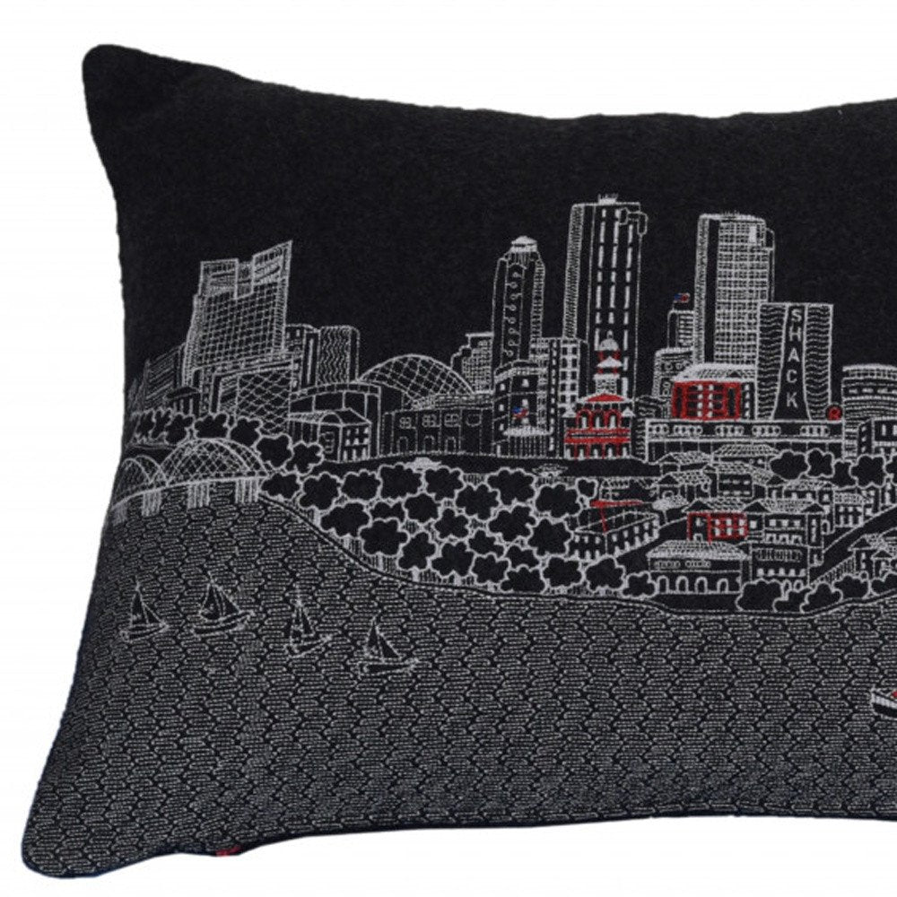 14" X 24" Black And White Lumbar Fort Worth Hometown Pride Wool Throw Pillow with Embroidery