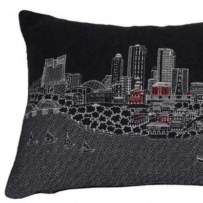 14" X 24" Black And White Lumbar Fort Worth Hometown Pride Wool Throw Pillow with Embroidery