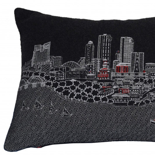 14" X 24" Black And White Lumbar Fort Worth Hometown Pride Wool Throw Pillow with Embroidery