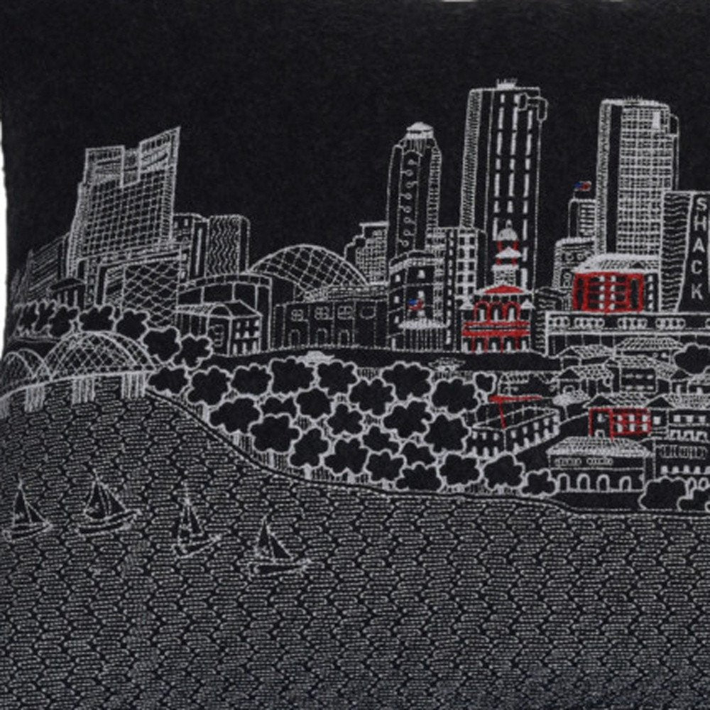 14" X 24" Black And White Lumbar Fort Worth Hometown Pride Wool Throw Pillow with Embroidery