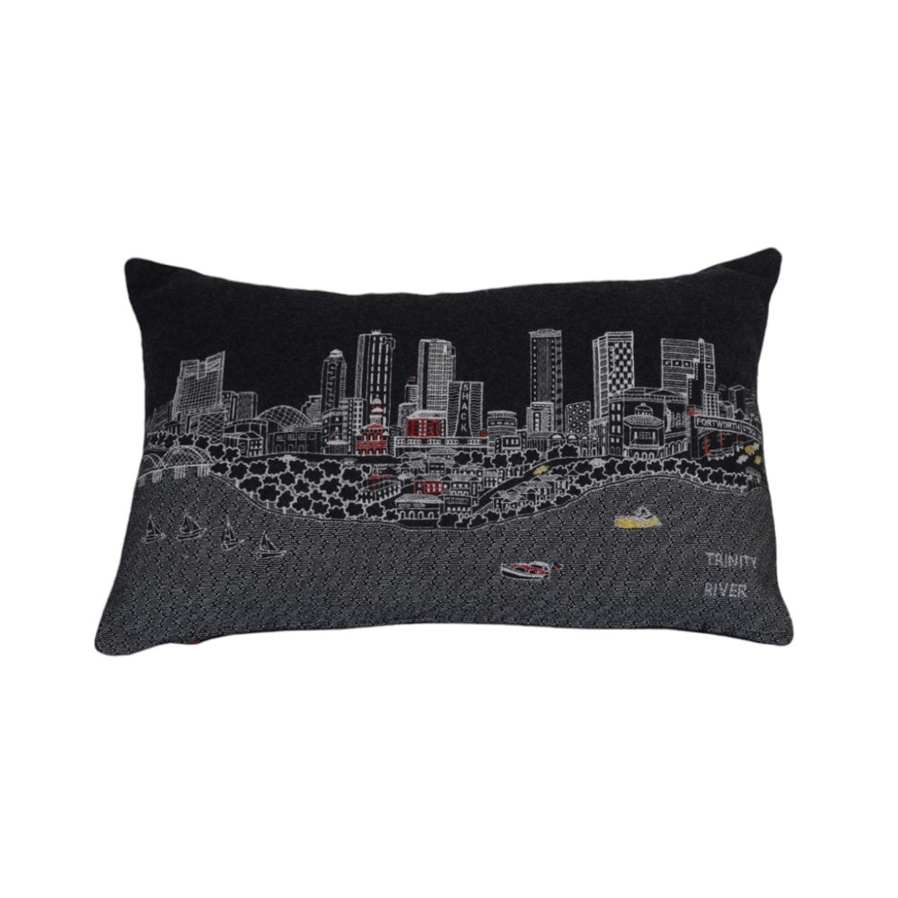 14" X 24" Black And White Lumbar Fort Worth Hometown Pride Wool Throw Pillow with Embroidery