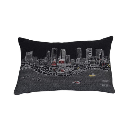 14" X 24" Black And White Lumbar Fort Worth Hometown Pride Wool Throw Pillow with Embroidery