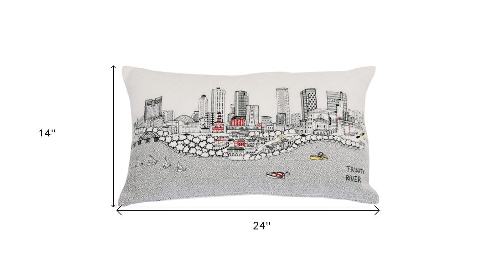 14" X 24" Cream Lumbar Fort Worth Hometown Pride Wool Throw Pillow with Embroidery