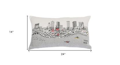14" X 24" Cream Lumbar Fort Worth Hometown Pride Wool Throw Pillow with Embroidery