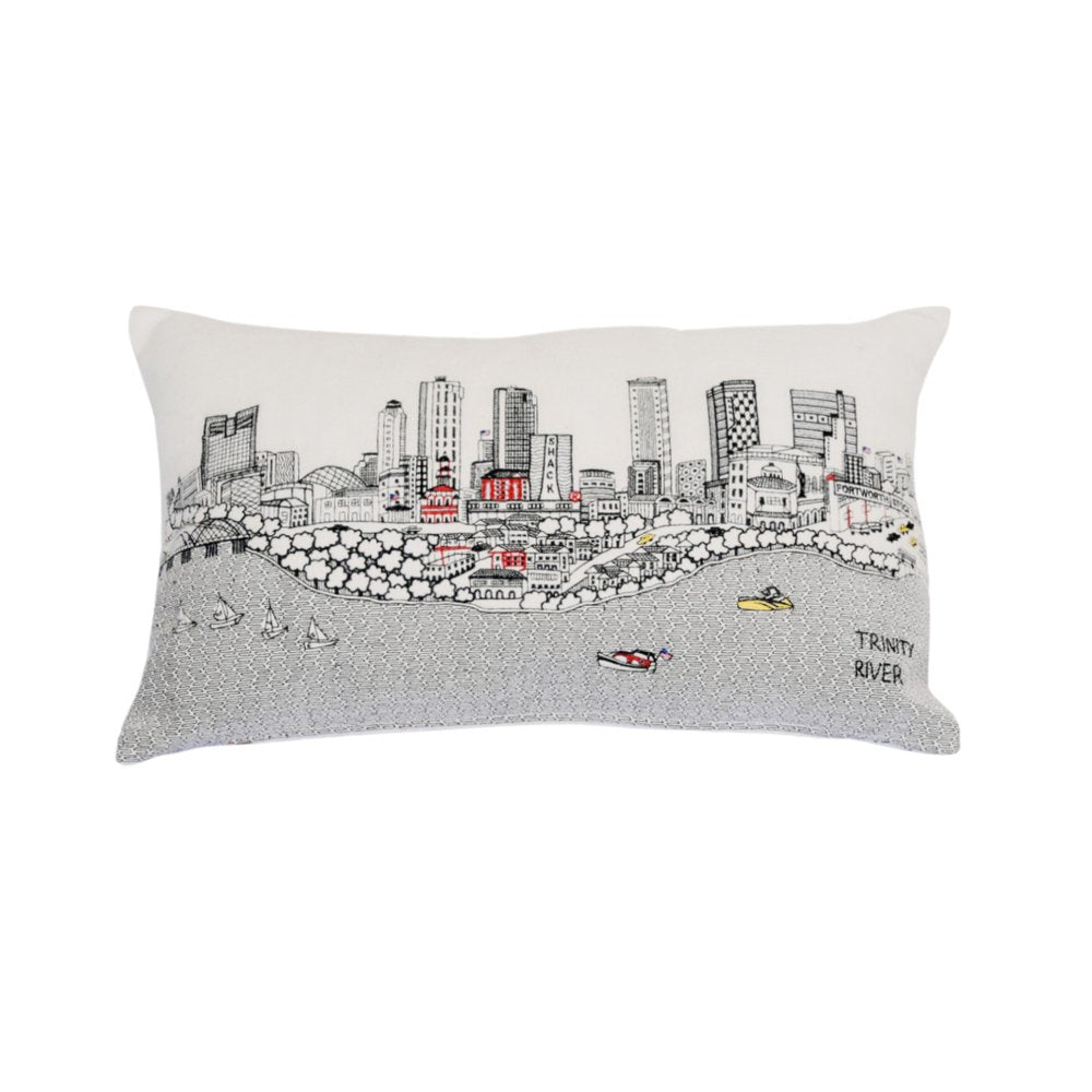 14" X 24" Cream Lumbar Fort Worth Hometown Pride Wool Throw Pillow with Embroidery