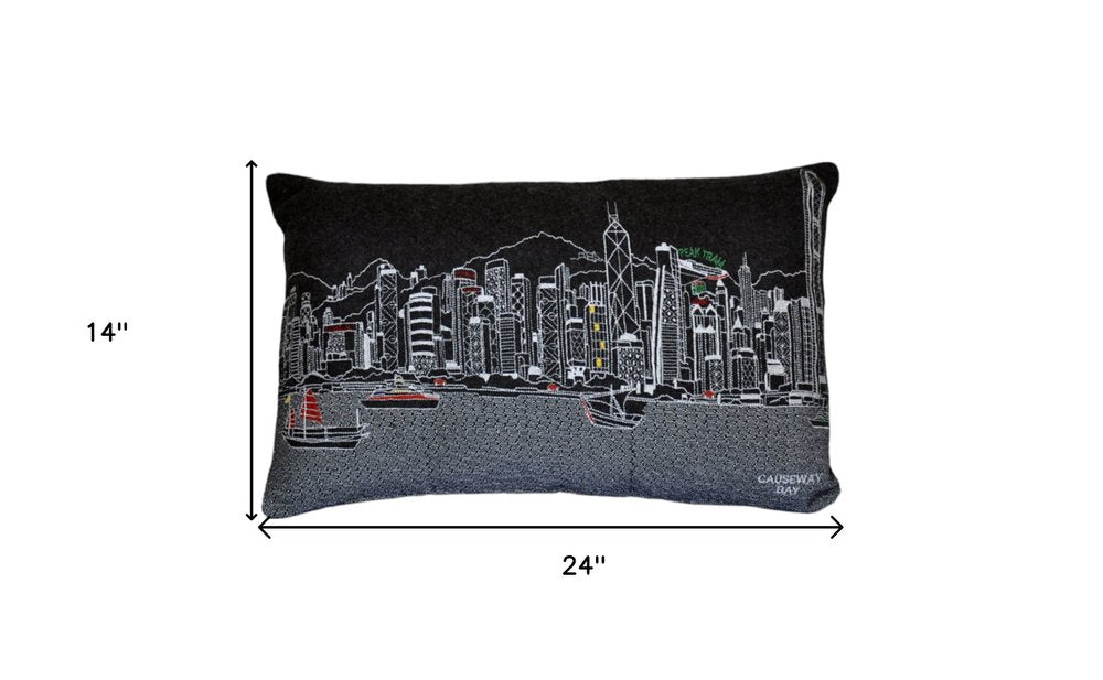 14" X 24" Dark Gray And White Lumbar Hong Kong Hometown Pride Wool Throw Pillow with Embroidery