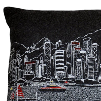 14" X 24" Dark Gray And White Lumbar Hong Kong Hometown Pride Wool Throw Pillow with Embroidery