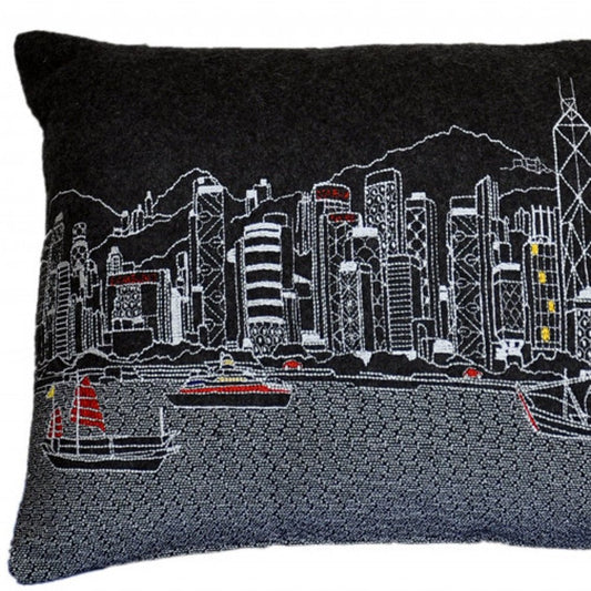 14" X 24" Dark Gray And White Lumbar Hong Kong Hometown Pride Wool Throw Pillow with Embroidery