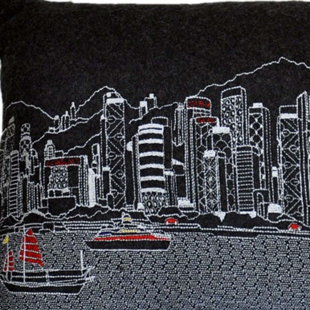 14" X 24" Dark Gray And White Lumbar Hong Kong Hometown Pride Wool Throw Pillow with Embroidery