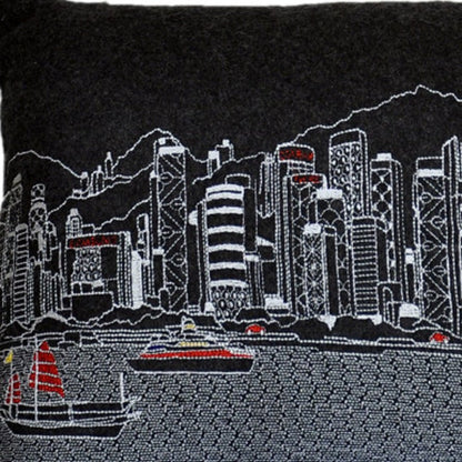 14" X 24" Dark Gray And White Lumbar Hong Kong Hometown Pride Wool Throw Pillow with Embroidery