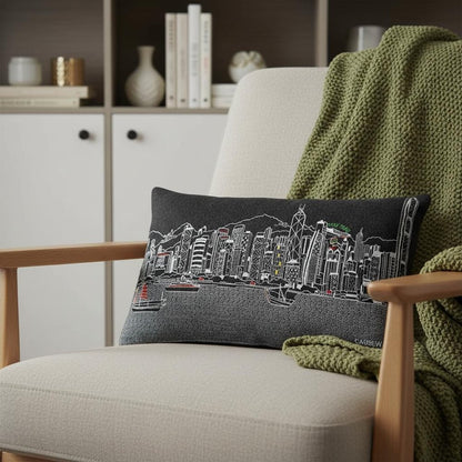 14" X 24" Dark Gray And White Lumbar Hong Kong Hometown Pride Wool Throw Pillow with Embroidery