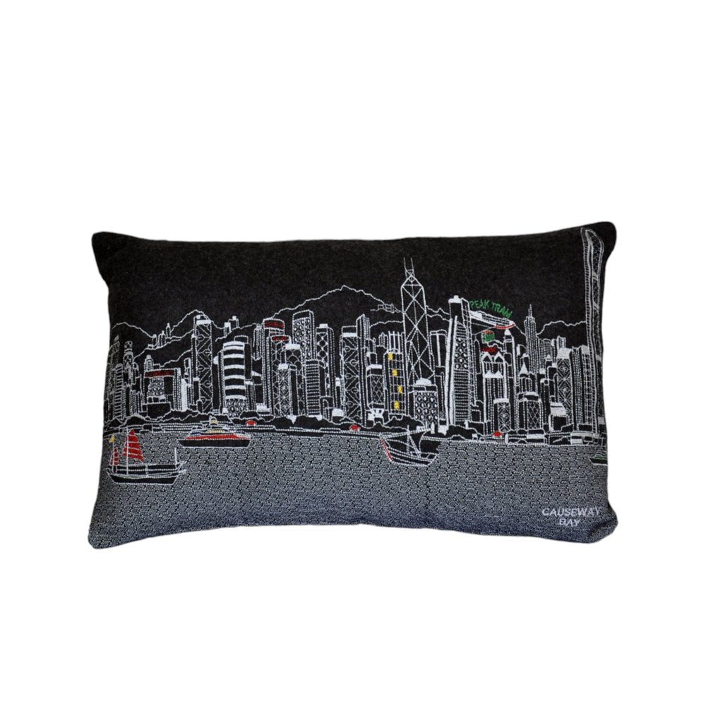 14" X 24" Dark Gray And White Lumbar Hong Kong Hometown Pride Wool Throw Pillow with Embroidery