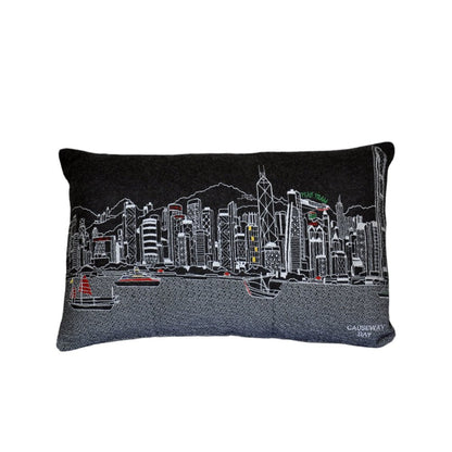 14" X 24" Dark Gray And White Lumbar Hong Kong Hometown Pride Wool Throw Pillow with Embroidery