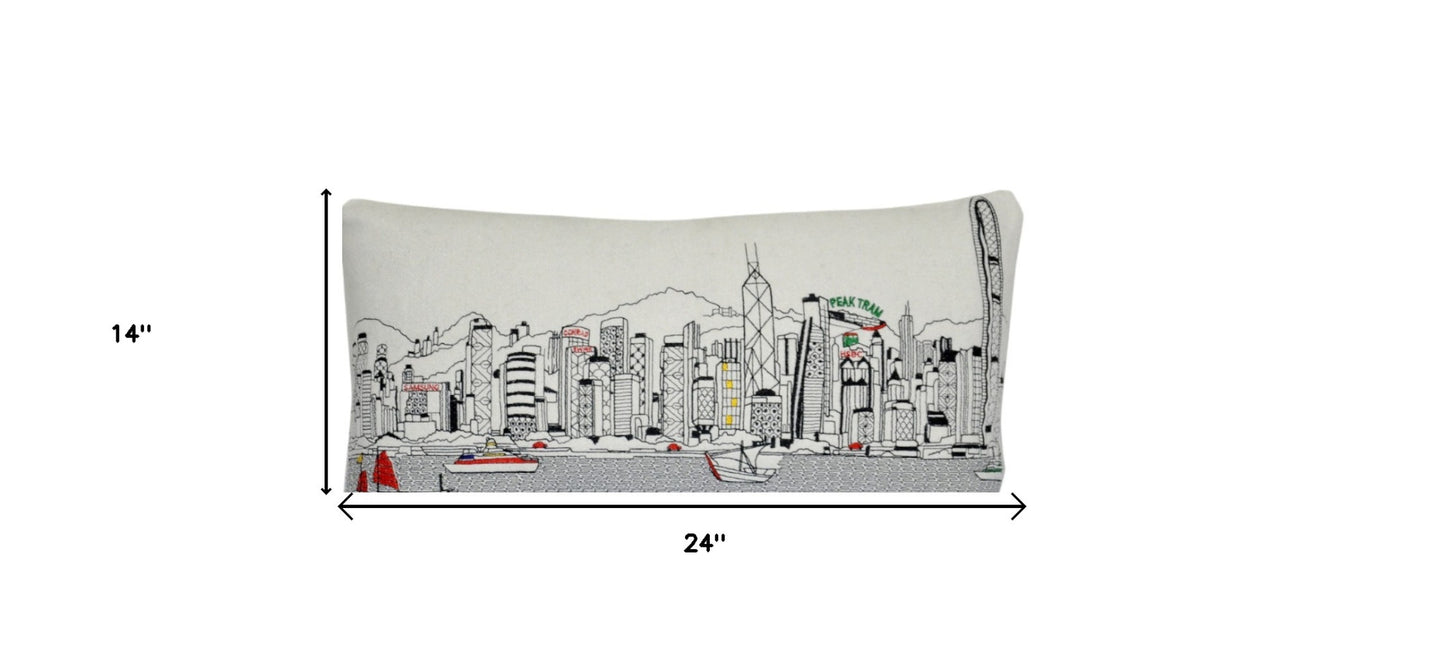 25" White Hong Kong Daylight Skyline Lumbar Decorative Pillow