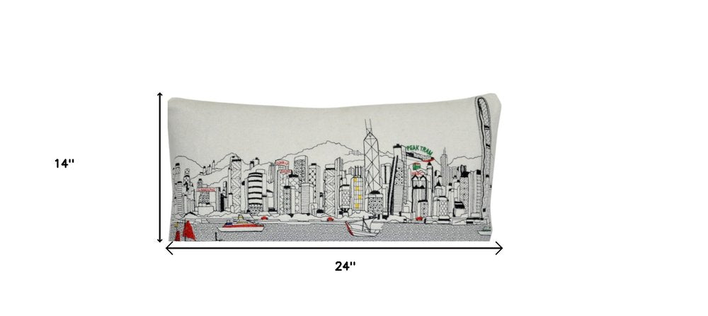 14" X 24" Cream Lumbar Hong Kong Hometown Pride Wool Throw Pillow with Embroidery