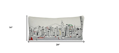 14" X 24" Cream Lumbar Hong Kong Hometown Pride Wool Throw Pillow with Embroidery