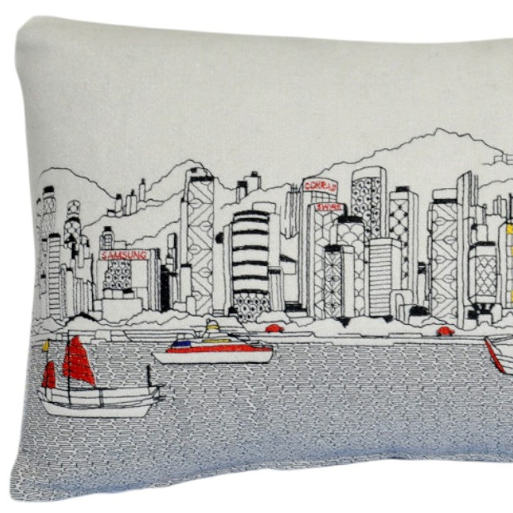 25" White Hong Kong Daylight Skyline Lumbar Decorative Pillow