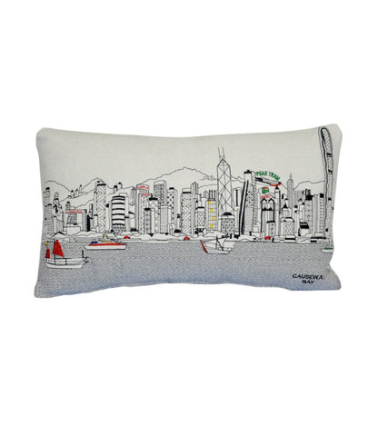 14" X 24" Cream Lumbar Hong Kong Hometown Pride Wool Throw Pillow with Embroidery