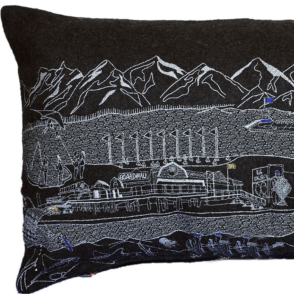 14" X 24" Dark Gray And White Lumbar Homer Spit Hometown Pride Wool Throw Pillow with Embroidery