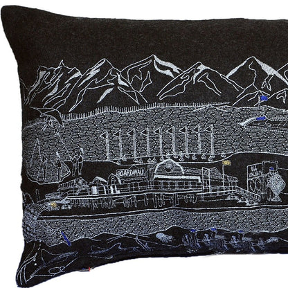 14" X 24" Dark Gray And White Lumbar Homer Spit Hometown Pride Wool Throw Pillow with Embroidery