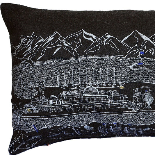 14" X 24" Dark Gray And White Lumbar Homer Spit Hometown Pride Wool Throw Pillow with Embroidery