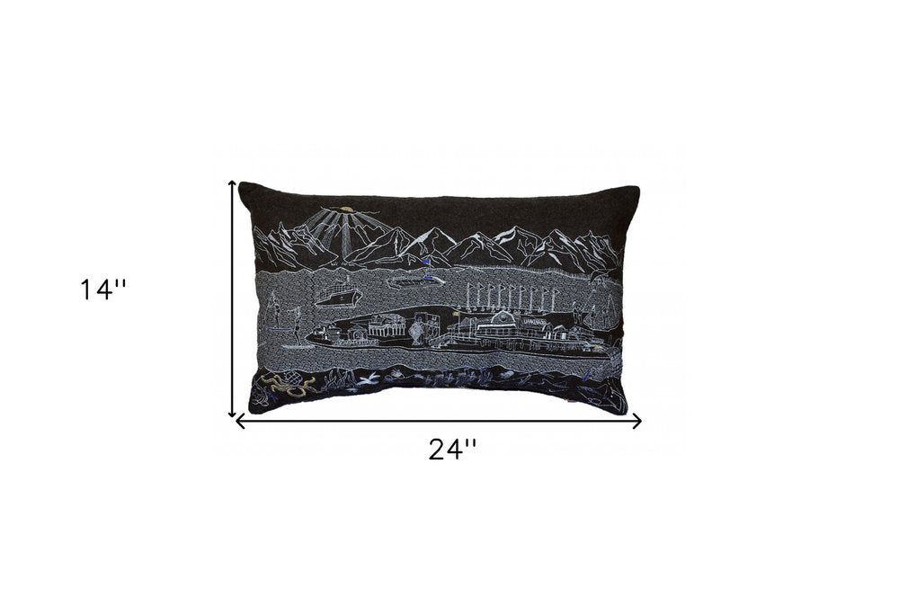 14" X 24" Dark Gray And White Lumbar Homer Spit Hometown Pride Wool Throw Pillow with Embroidery