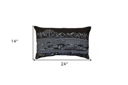 14" X 24" Dark Gray And White Lumbar Homer Spit Hometown Pride Wool Throw Pillow with Embroidery