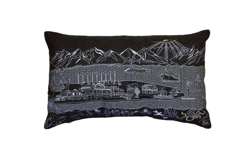 14" X 24" Dark Gray And White Lumbar Homer Spit Hometown Pride Wool Throw Pillow with Embroidery