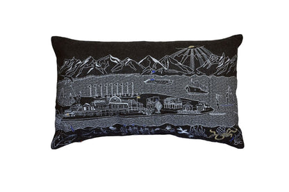 14" X 24" Dark Gray And White Lumbar Homer Spit Hometown Pride Wool Throw Pillow with Embroidery