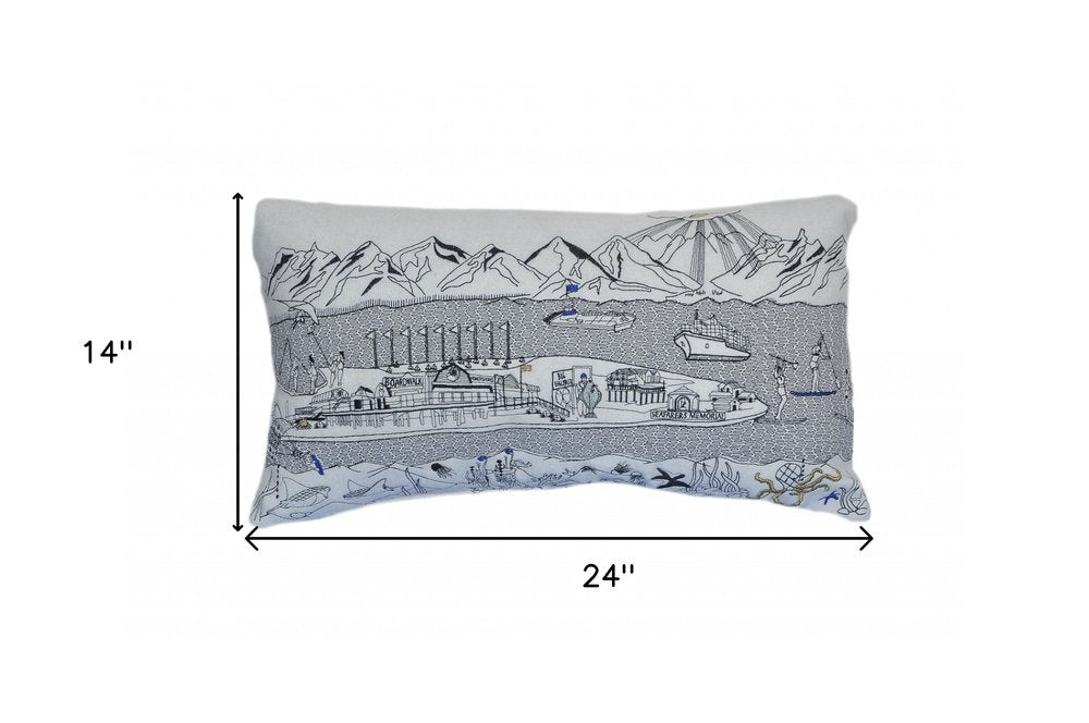 14" X 24" Cream Lumbar Homer Spit Hometown Pride Wool Throw Pillow with Embroidery