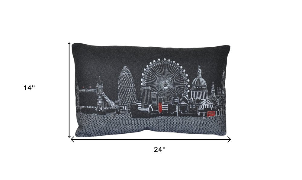 14" X 24" Dark Gray And White London Nighttime Skyline Lumbar Decorative Pillow