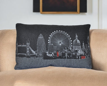 25" Black London Nighttime Skyline Lumbar Decorative Pillow