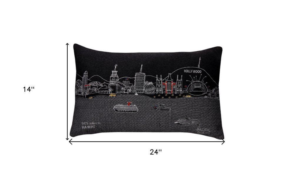14" X 24" Dark Gray And White Los Angeles Nighttime Skyline Lumbar Decorative Pillow