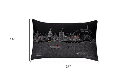 14" X 24" Dark Gray And White Los Angeles Nighttime Skyline Lumbar Decorative Pillow