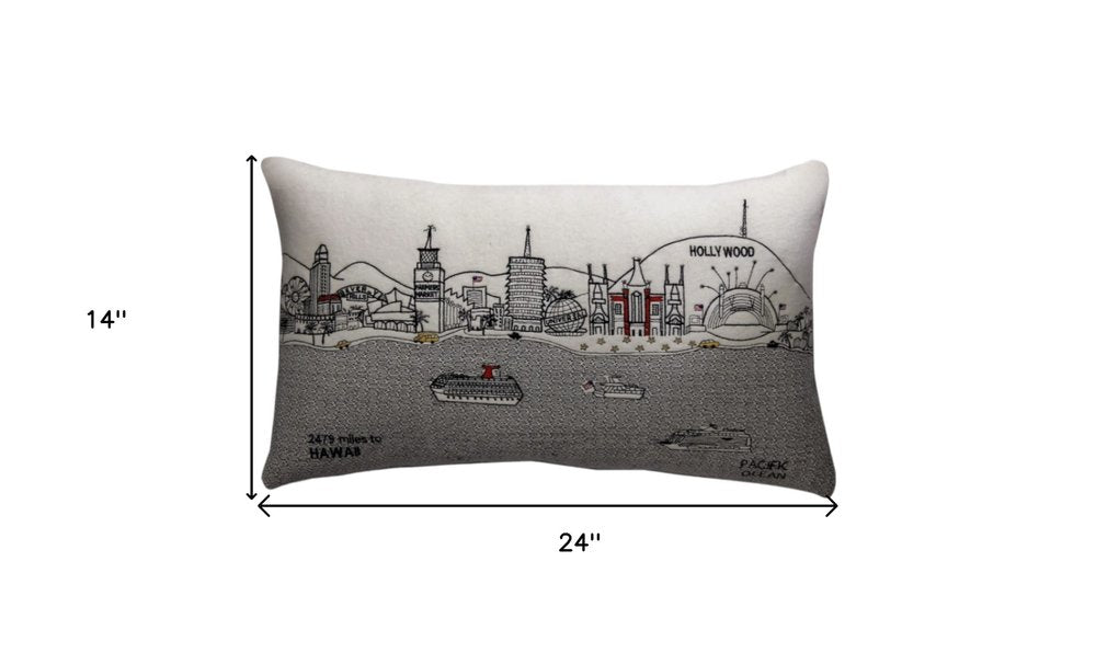 14" X 24" Cream Lumbar Los Angeles Hometown Pride Wool Throw Pillow with Embroidery