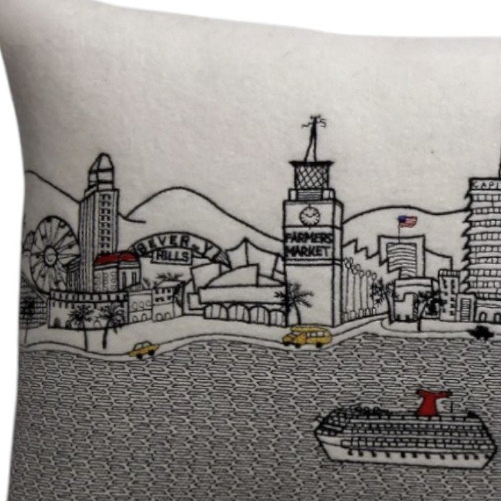 14" X 24" Cream Lumbar Los Angeles Hometown Pride Wool Throw Pillow with Embroidery