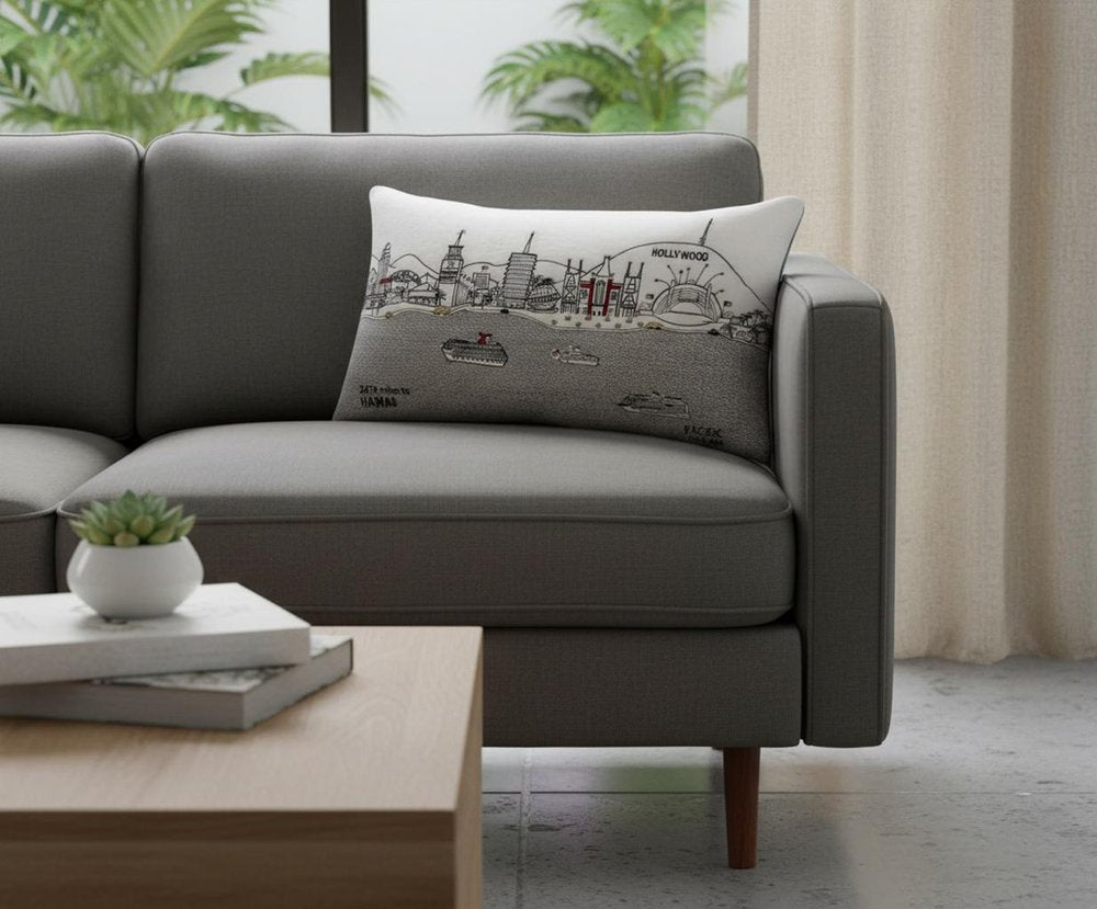14" X 24" Cream Lumbar Los Angeles Hometown Pride Wool Throw Pillow with Embroidery