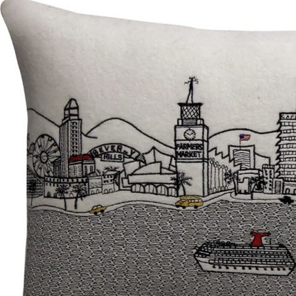 14" X 24" Cream Lumbar Los Angeles Hometown Pride Wool Throw Pillow with Embroidery