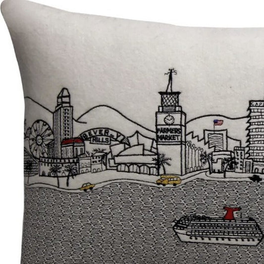 14" X 24" Cream Lumbar Los Angeles Hometown Pride Wool Throw Pillow with Embroidery
