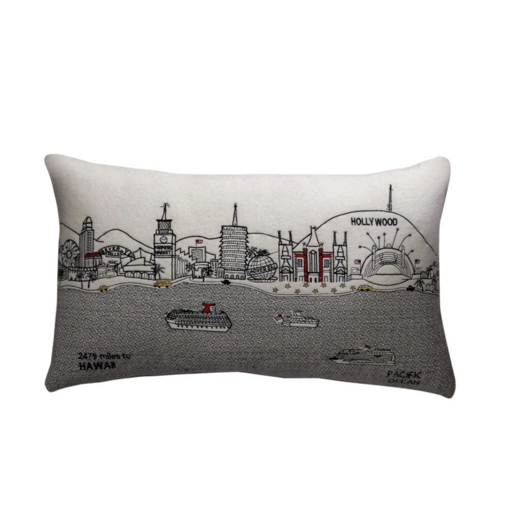 14" X 24" Cream Lumbar Los Angeles Hometown Pride Wool Throw Pillow with Embroidery