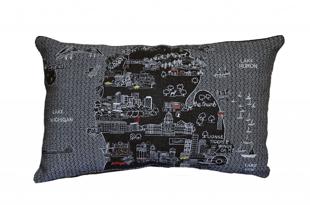 14" X 24" Black Gray and White Hometown Pride Wool Lumbar Throw Pillow