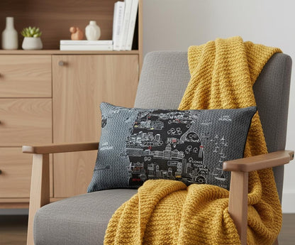 14" X 24" Dark Gray And White Michigan Lower Peninsula Nighttime Skyline Lumbar Decorative Pillow