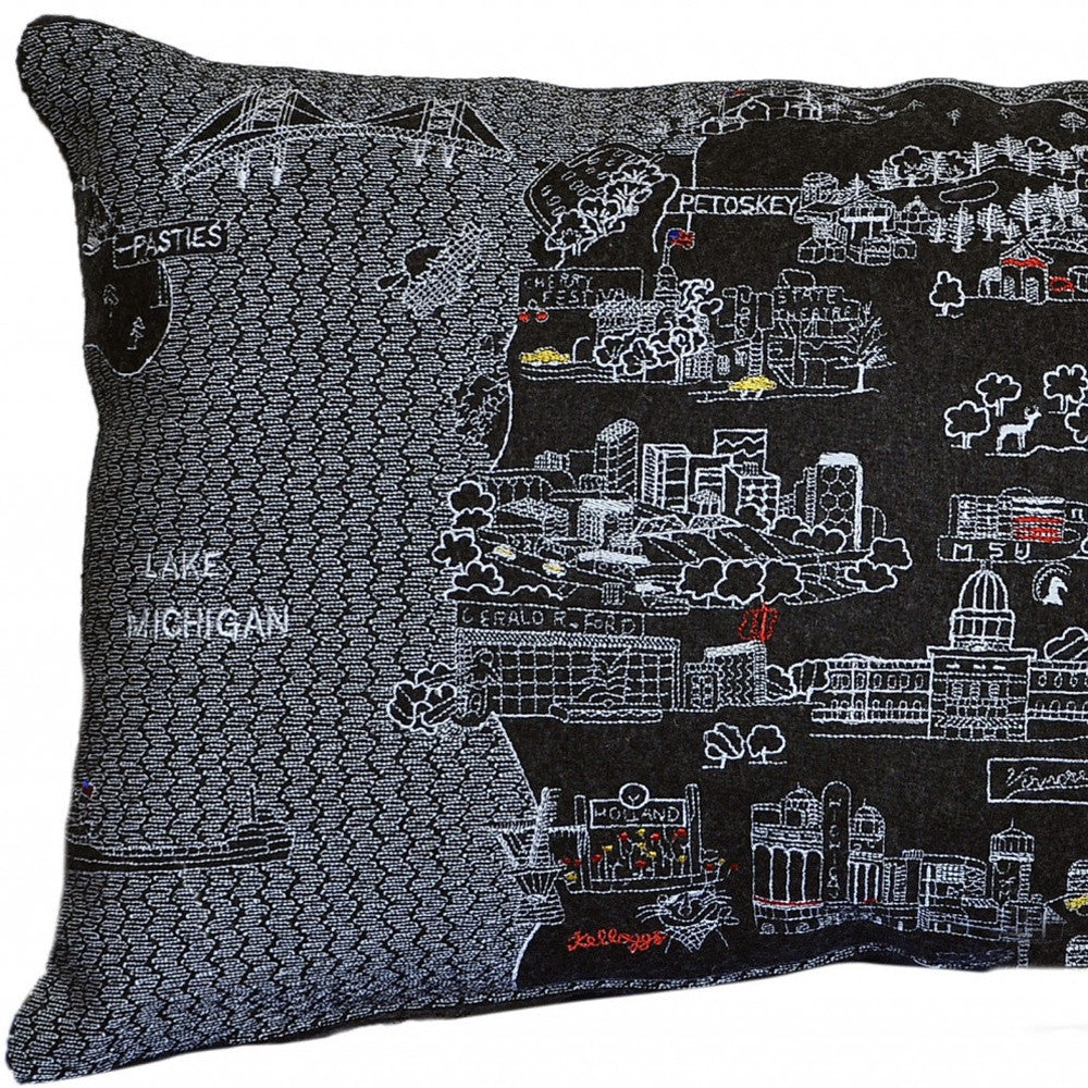 25" Black Michigan Lower Peninsula Nighttime Skyline Lumbar Decorative Pillow