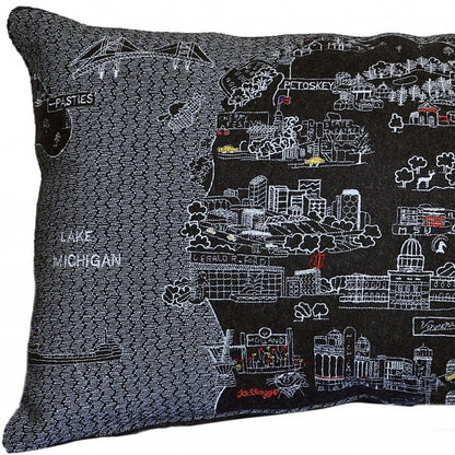 14" X 24" Dark Gray And White Michigan Lower Peninsula Nighttime Skyline Lumbar Decorative Pillow