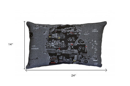 14" X 24" Dark Gray And White Michigan Lower Peninsula Nighttime Skyline Lumbar Decorative Pillow