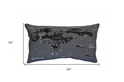 14" X 24" Dark Gray And White Michigan Upper Peninsula Nighttime Skyline Lumbar Decorative Pillow