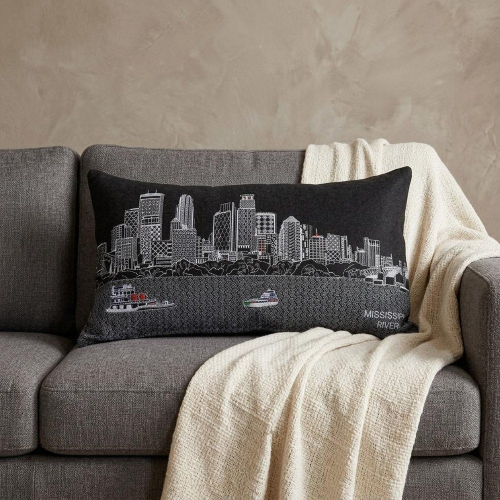 14" X 24" Dark Gray And White Minneapolis Nighttime Skyline Lumbar Decorative Pillow