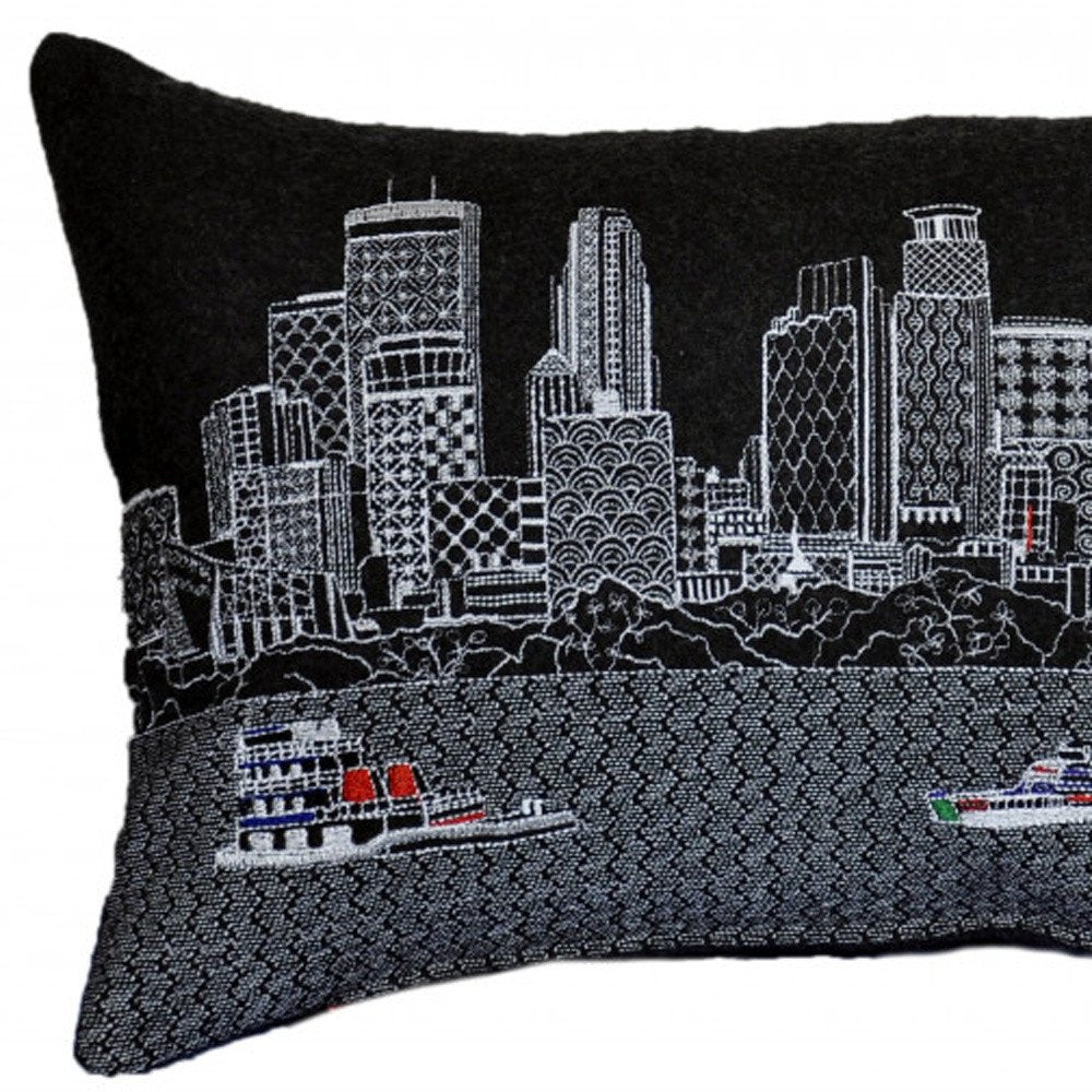 14" X 24" Dark Gray And White Lumbar Minneapolis Hometown Pride Wool Throw Pillow with Embroidery