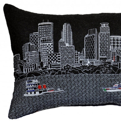 14" X 24" Dark Gray And White Lumbar Minneapolis Hometown Pride Wool Throw Pillow with Embroidery